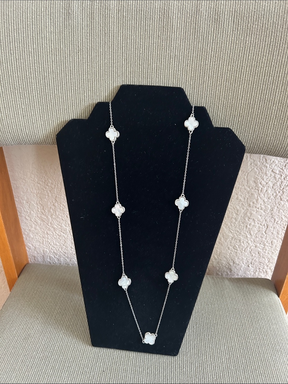 Long Silver Station Necklace with White Clover Accents